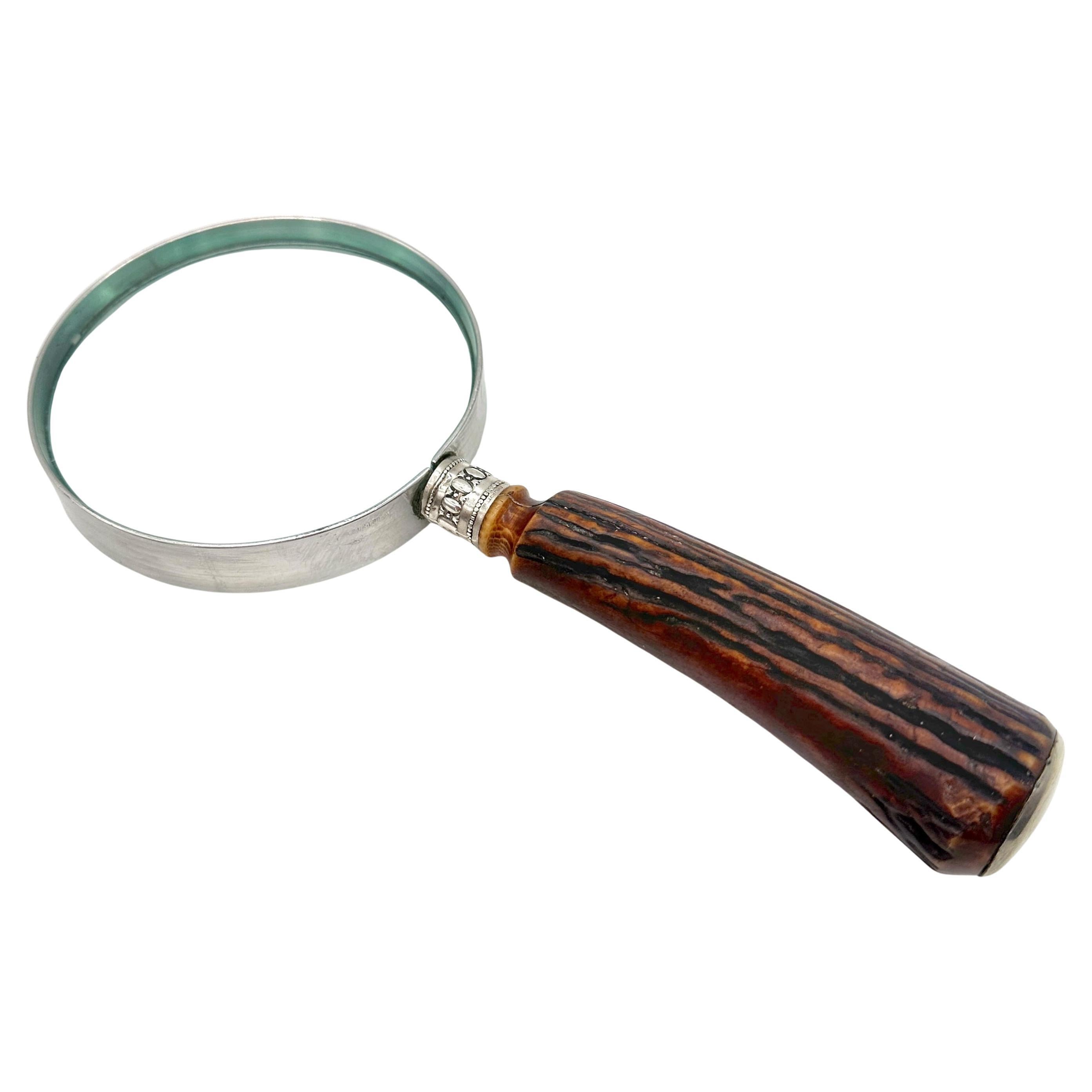 Sterling-Mounted Carved Antler Magnifying Glass, Signed 'DULJARETT' Circa 1900 For Sale