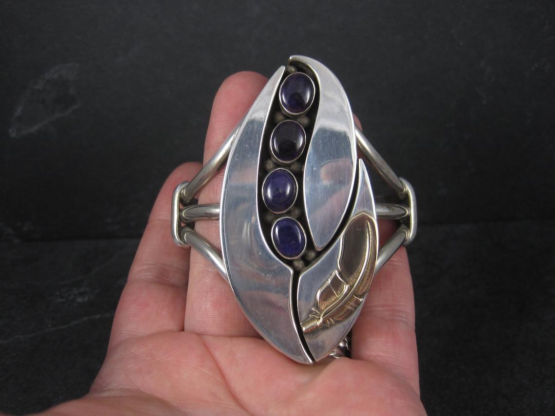 Native American Sterling Navajo Sugilite Feather Cuff Bracelet Wilbert Cora Vandever For Sale