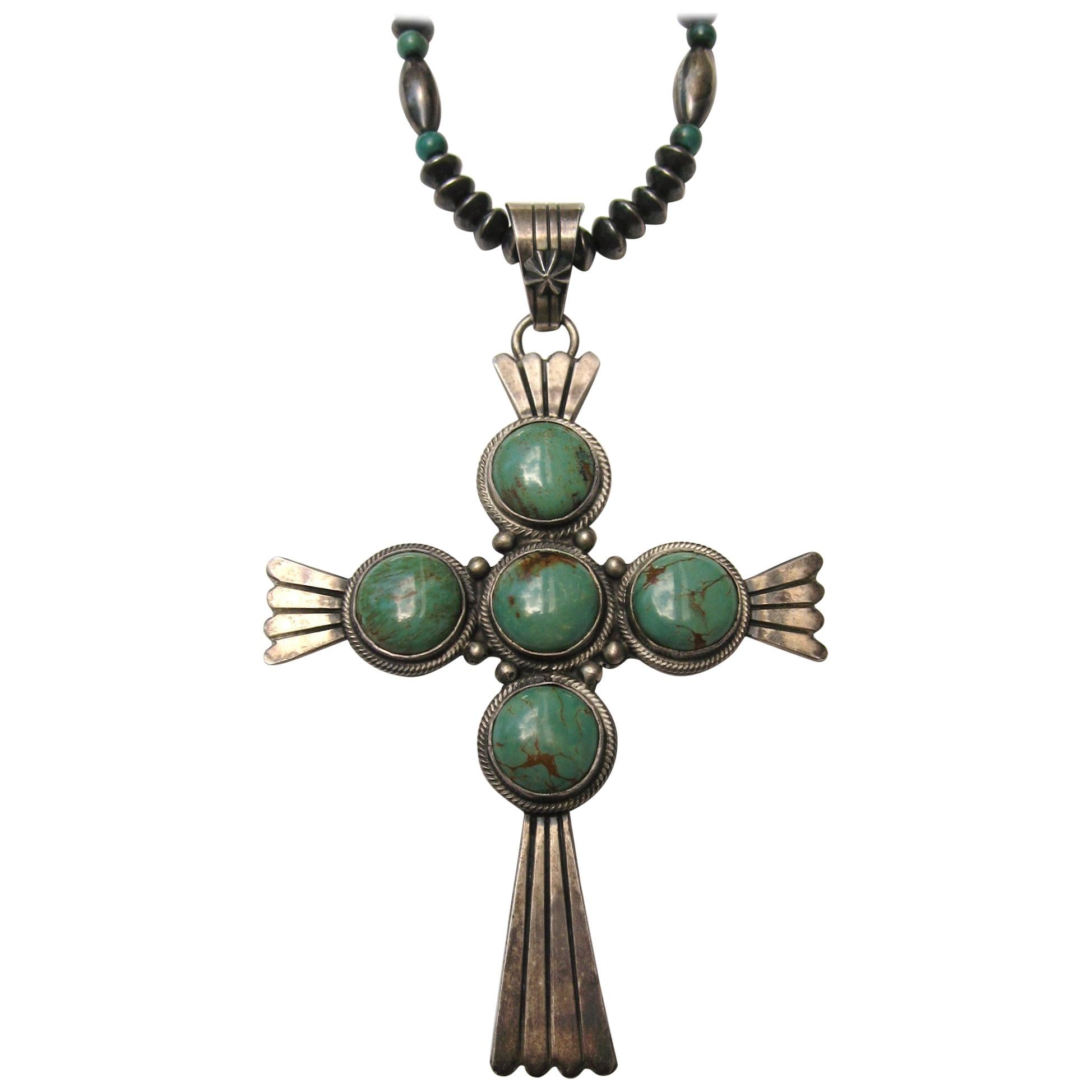 Sterling Navajo Turquoise Cross Necklace  For Sale