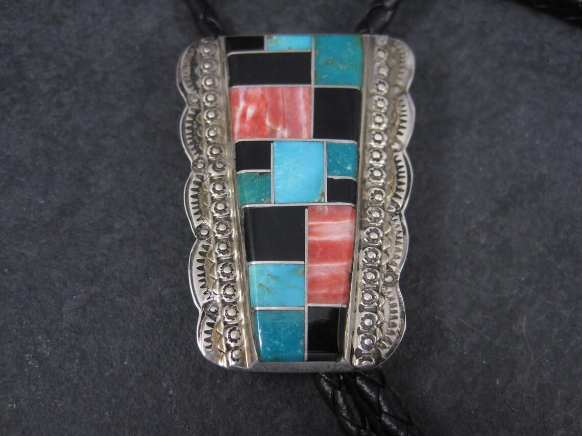 Sterling Navajo Turquoise Spiny Oyster Onyx Inlay Bolo Tie F Tom 5