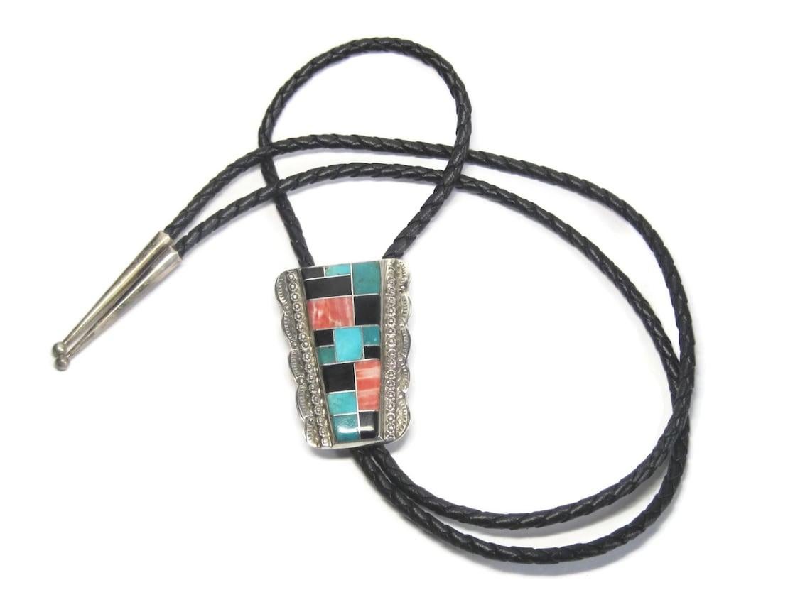 Native American Sterling Navajo Turquoise Spiny Oyster Onyx Inlay Bolo Tie F Tom
