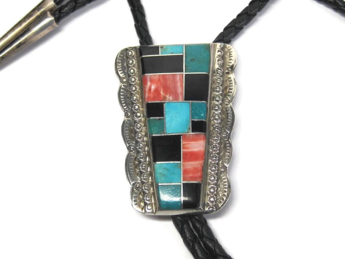 Sterling Navajo Turquoise Spiny Oyster Onyx Inlay Bolo Tie F Tom In Good Condition In Webster, SD