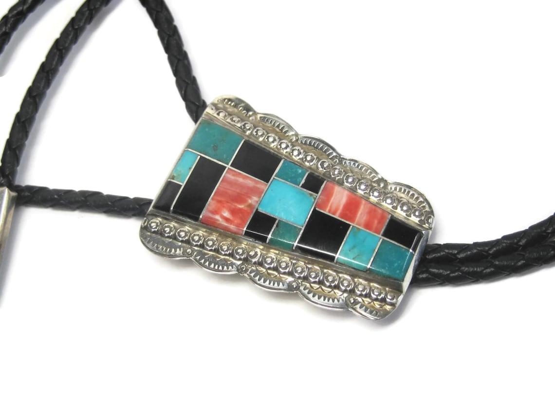 Sterling Navajo Turquoise Spiny Oyster Onyx Inlay Bolo Tie F Tom 1