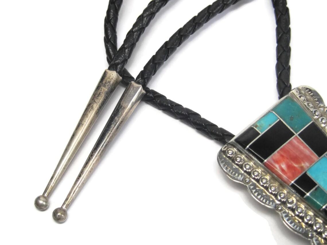 Sterling Navajo Turquoise Spiny Oyster Onyx Inlay Bolo Tie F Tom 3