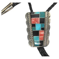 Vintage Sterling Navajo Turquoise Spiny Oyster Onyx Inlay Bolo Tie F Tom