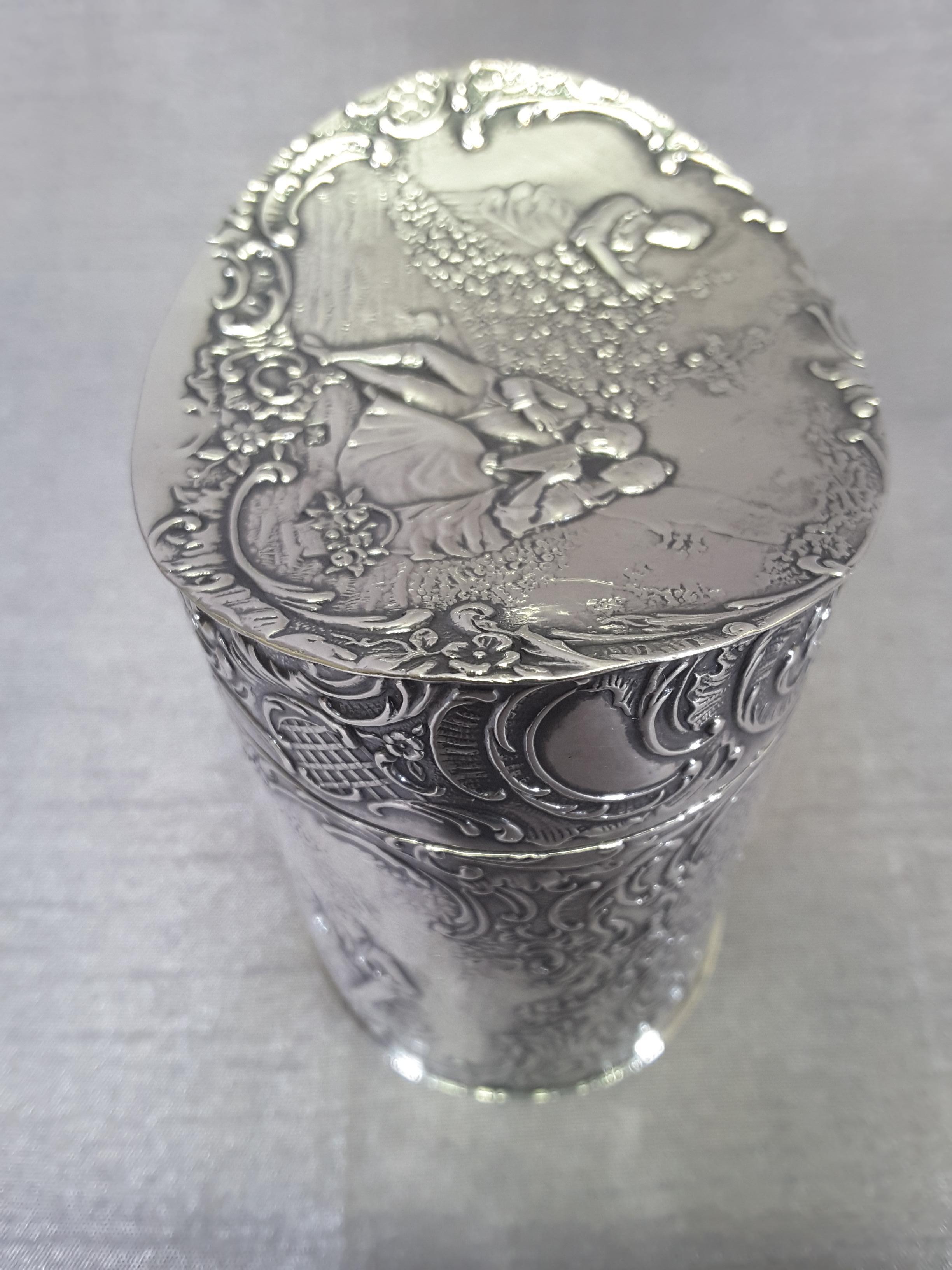 British Colonial Sterling Navette Form Dutch Scene Gilt Interior Tea Caddy British Import Mark For Sale