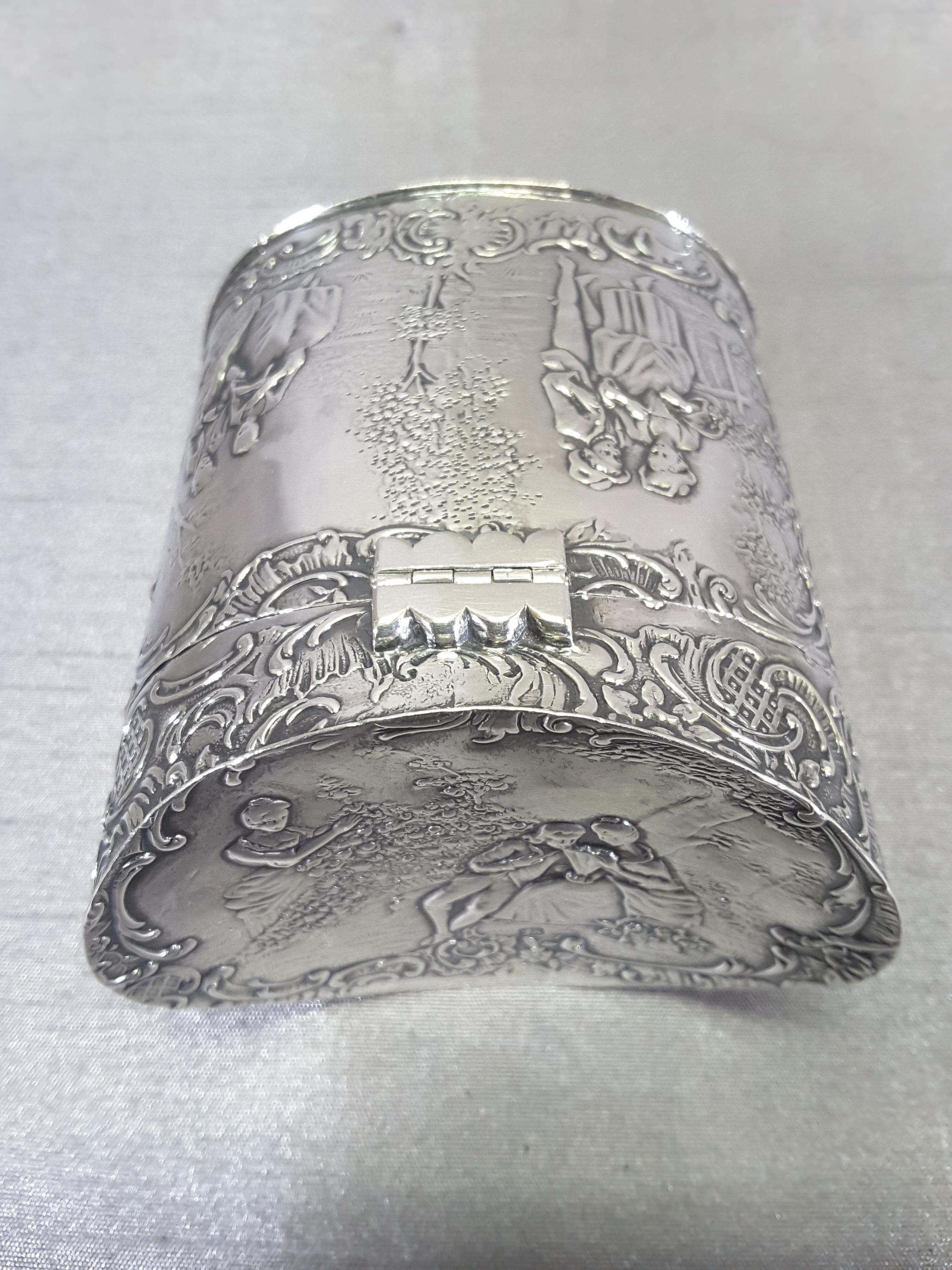 Hand-Crafted Sterling Navette Form Dutch Scene Gilt Interior Tea Caddy British Import Mark For Sale