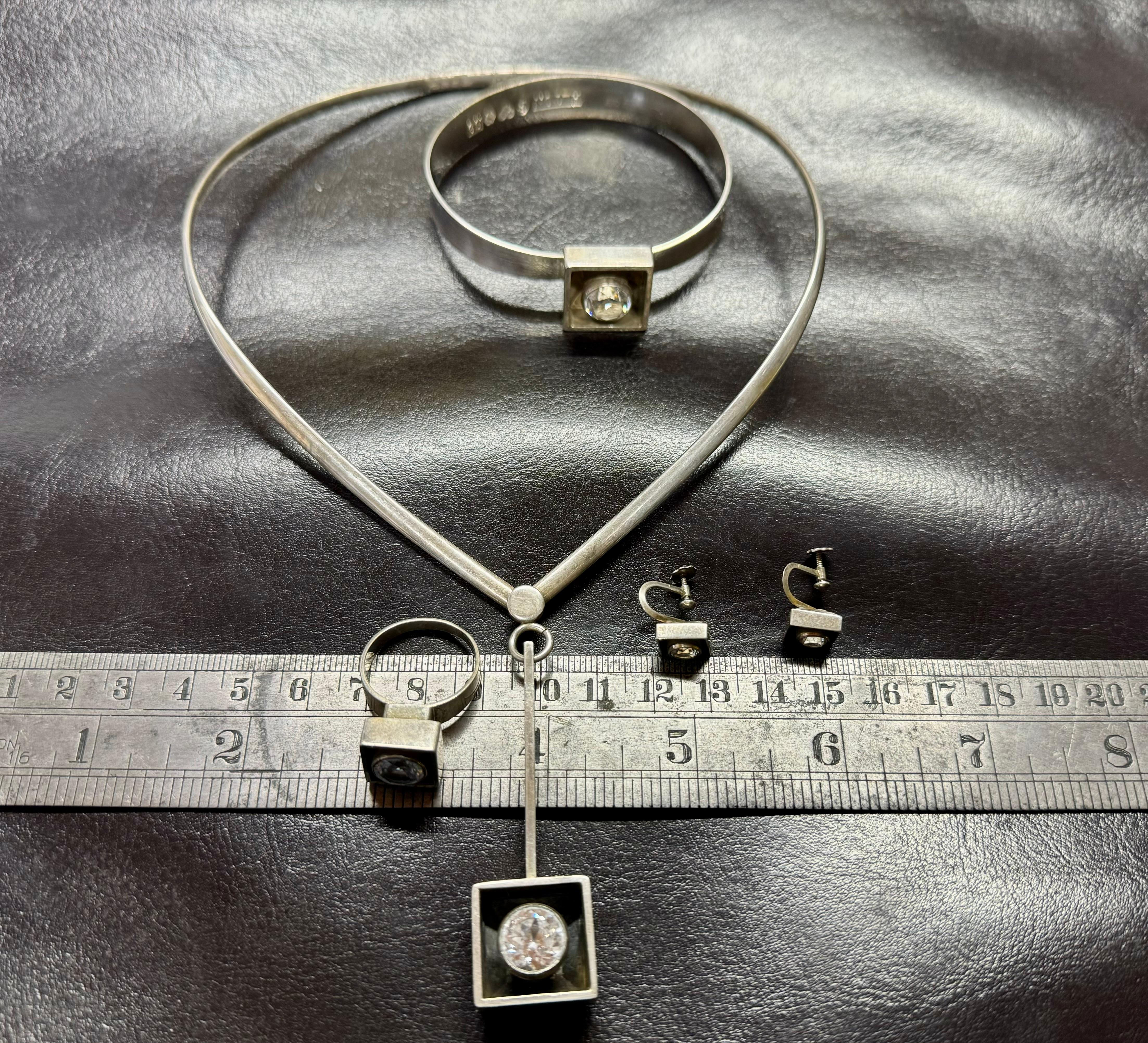 Women's or Men's Sterling Necklace, Bracelet, Ring and Earring Rock Crystal Scandinavian Desing For Sale