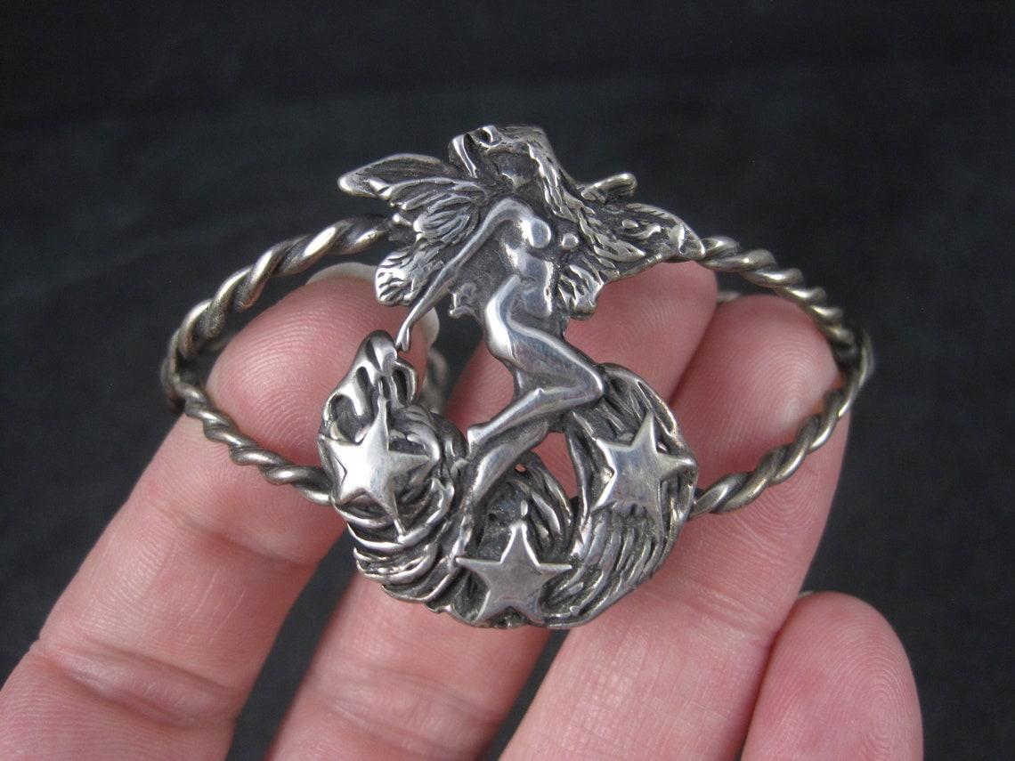Arts and Crafts Sterling Nude Fairy Goddess Cuff Bracelet 6.25 Inches For Sale