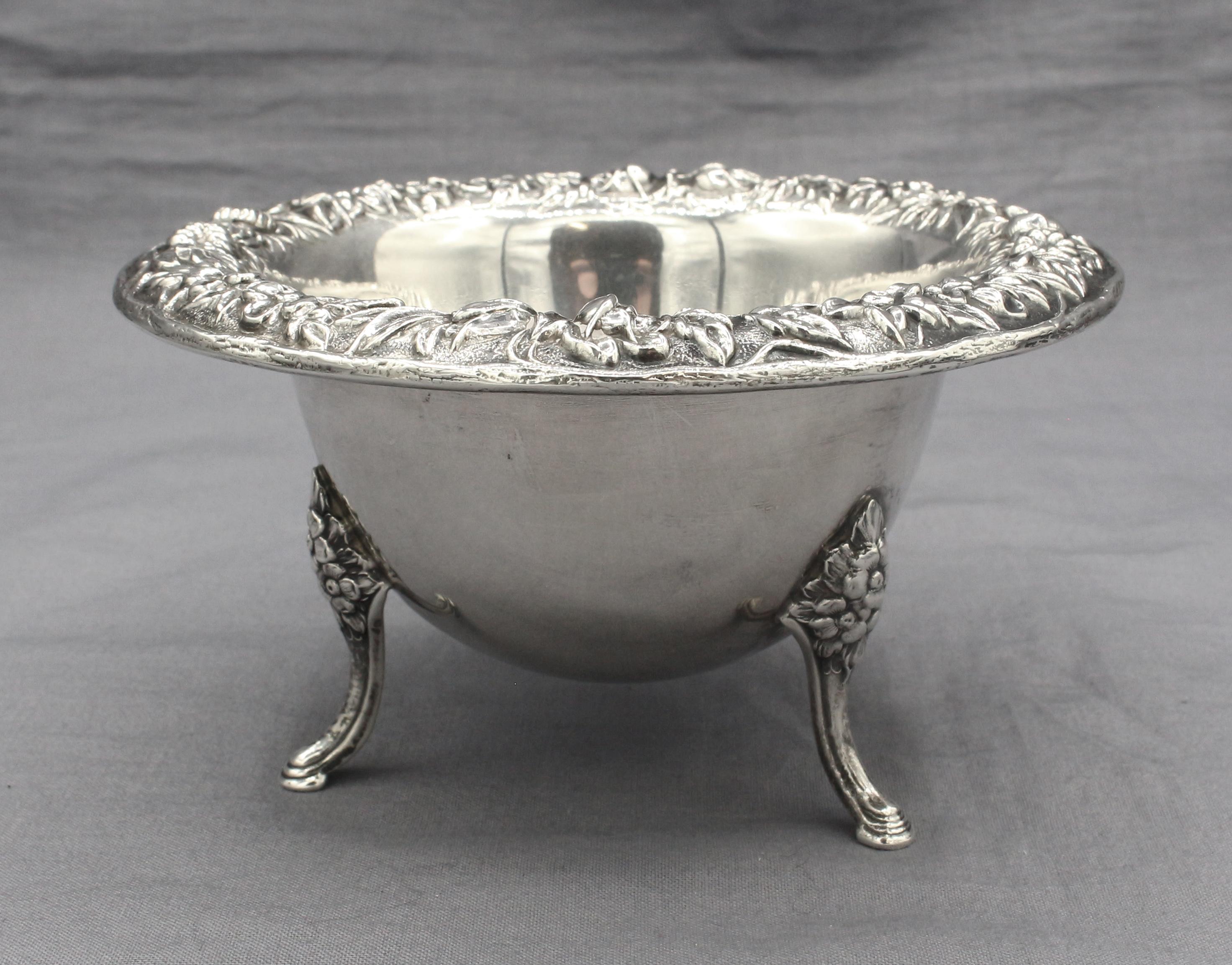 A sterling open sugar bowl, 1903-1924 mark, by S. Kirk & Son, Inc. Repousse rim & knees. Molded hoof feet. 4.95 troy oz.
5 1/8