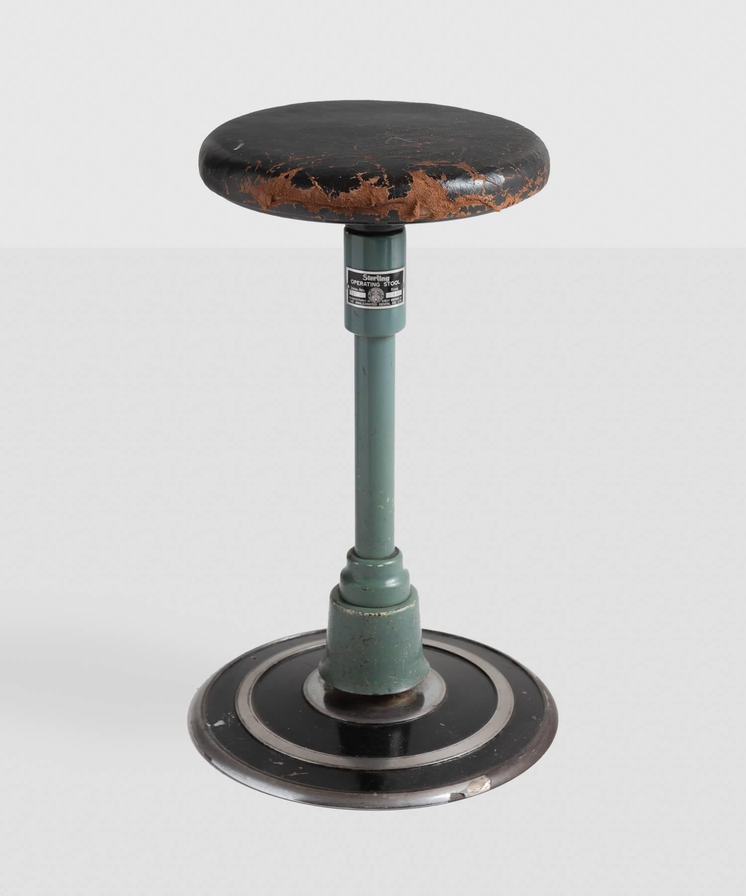 Sterling operating stool, circa 1940

Leather-topped, adjustable stool with wonderful patina and manufacturer's seal.