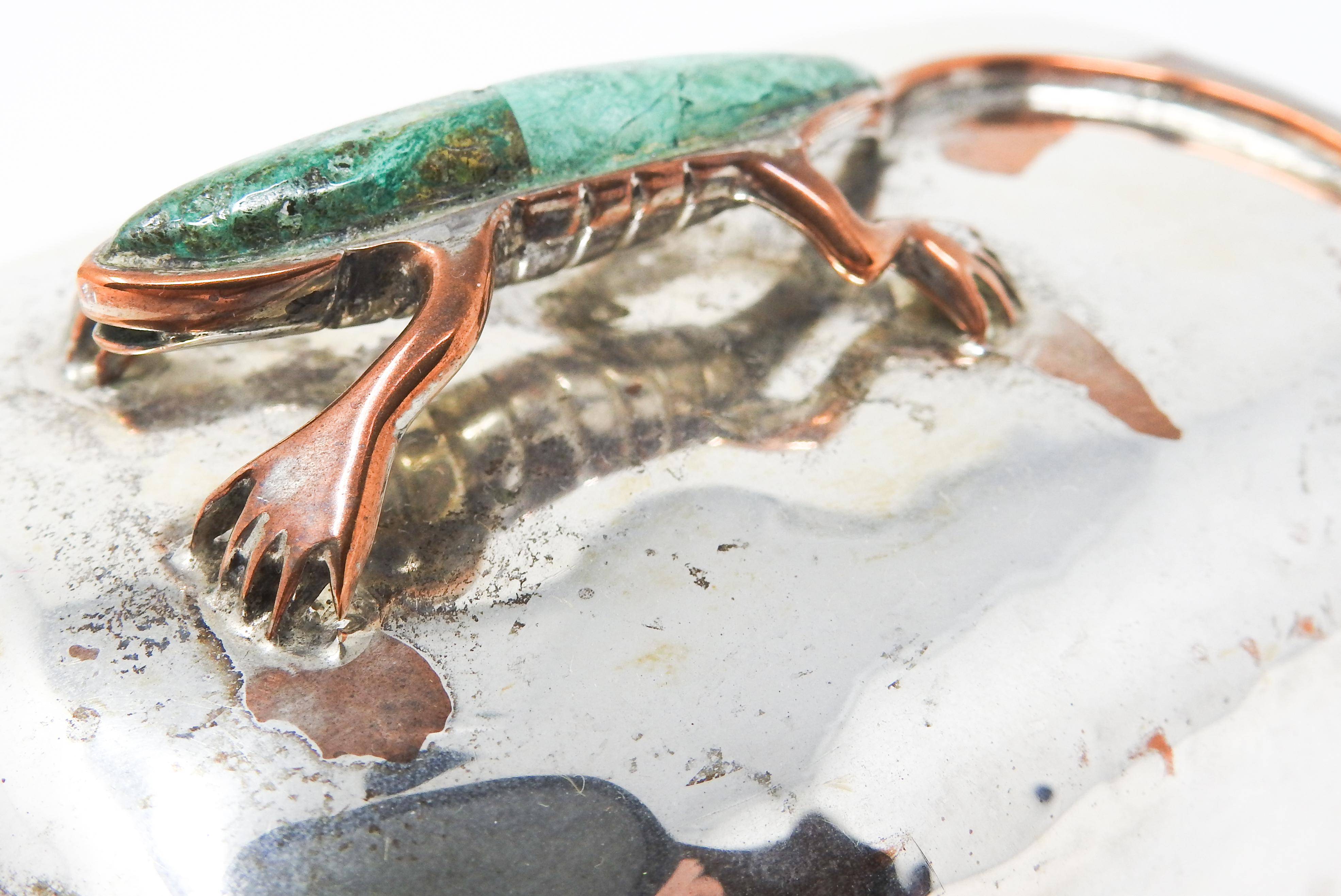Sterling over Copper Lidded Dish with Turquoise Lizard In Fair Condition For Sale In Cookeville, TN