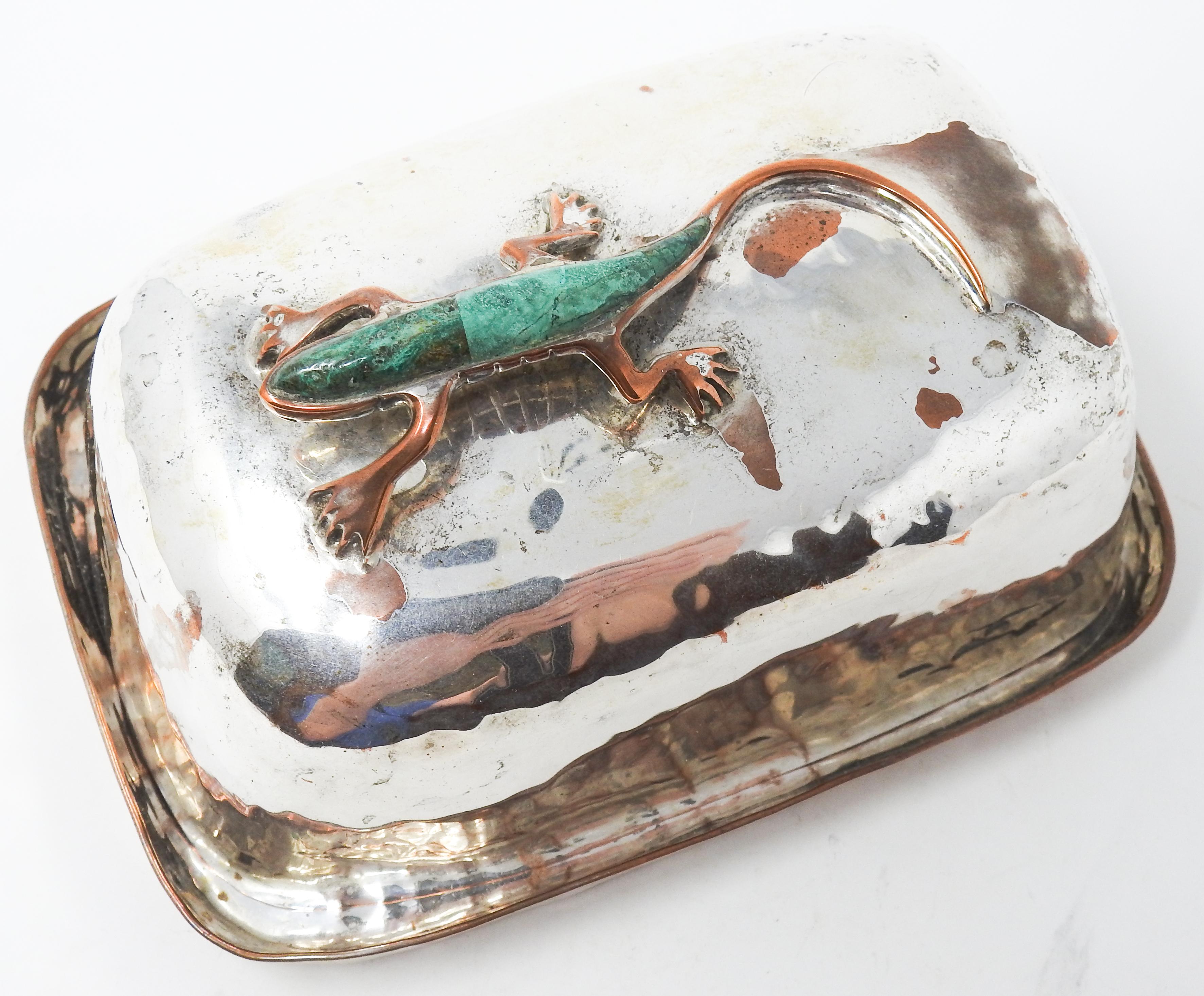 Sterling Silver Sterling over Copper Lidded Dish with Turquoise Lizard For Sale