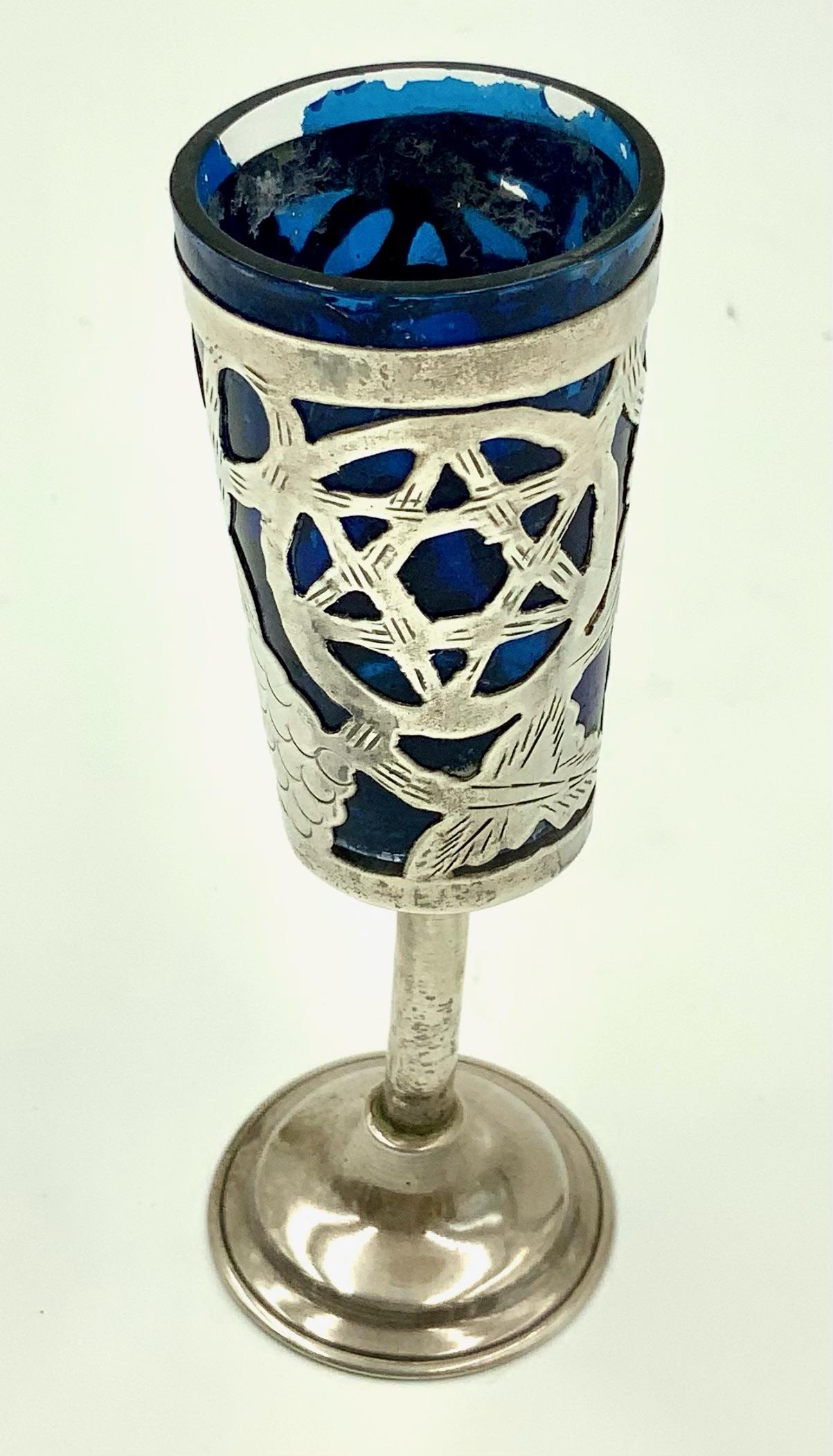 Painted Sterling Overlay Judaica Star and Grape Cordial or Small Kiddush Cups Set of 6