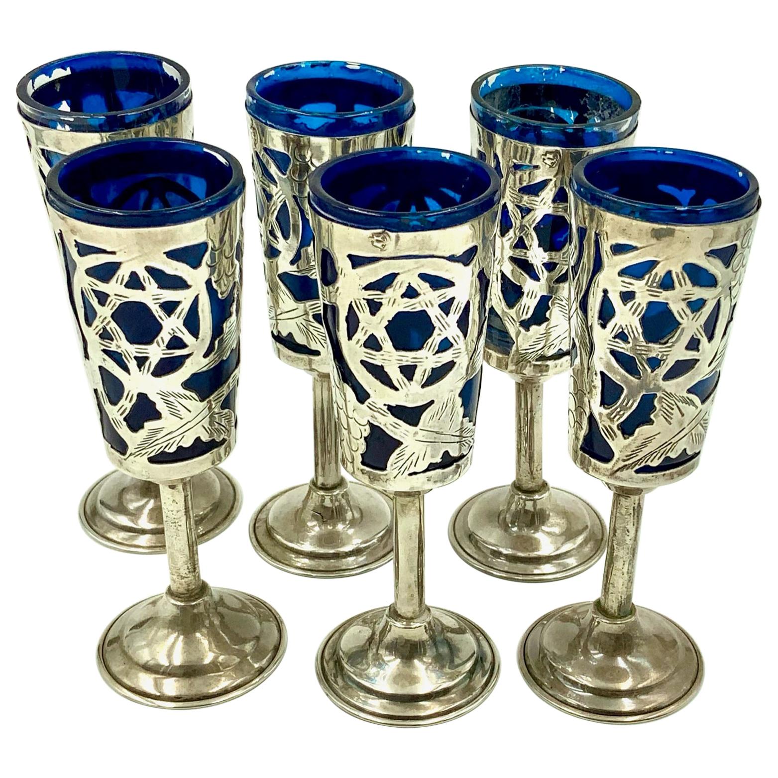 Sterling Overlay Judaica Star and Grape Cordial or Small Kiddush Cups Set of 6