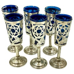 Retro Sterling Overlay Judaica Star and Grape Cordial or Small Kiddush Cups Set of 6