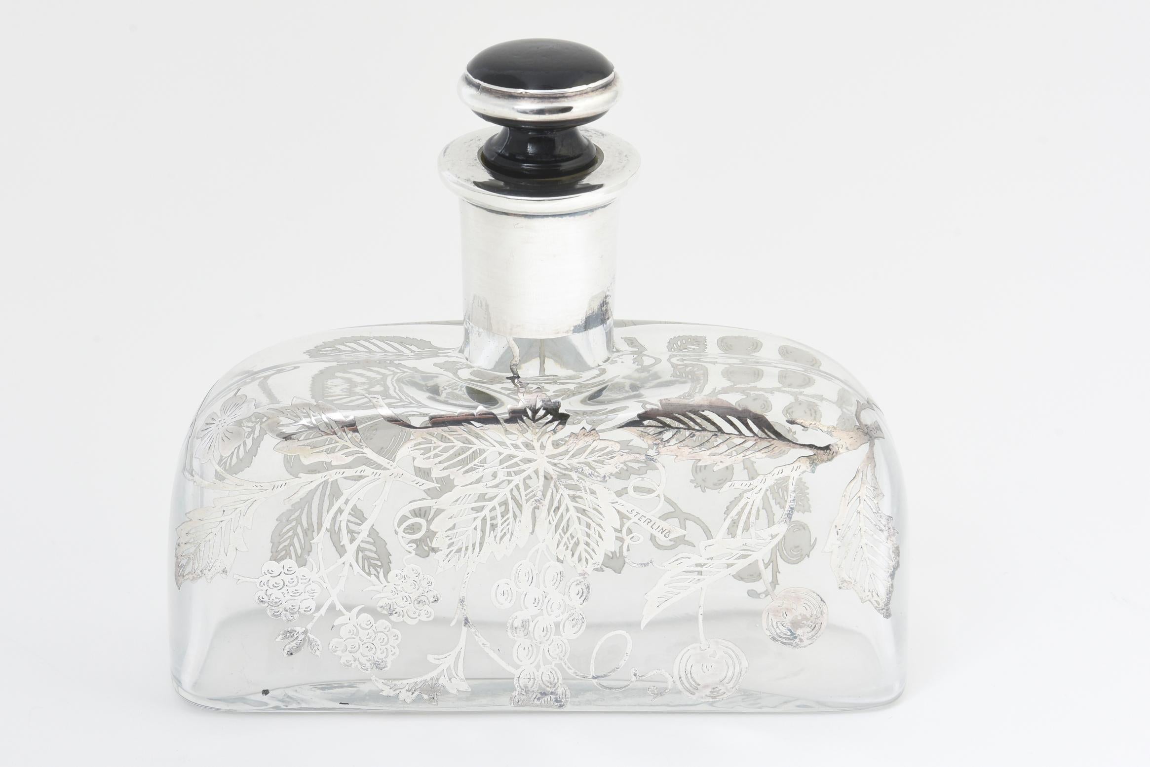 Art Deco Sterling Overlay Perfume Bottle and Tray For Sale