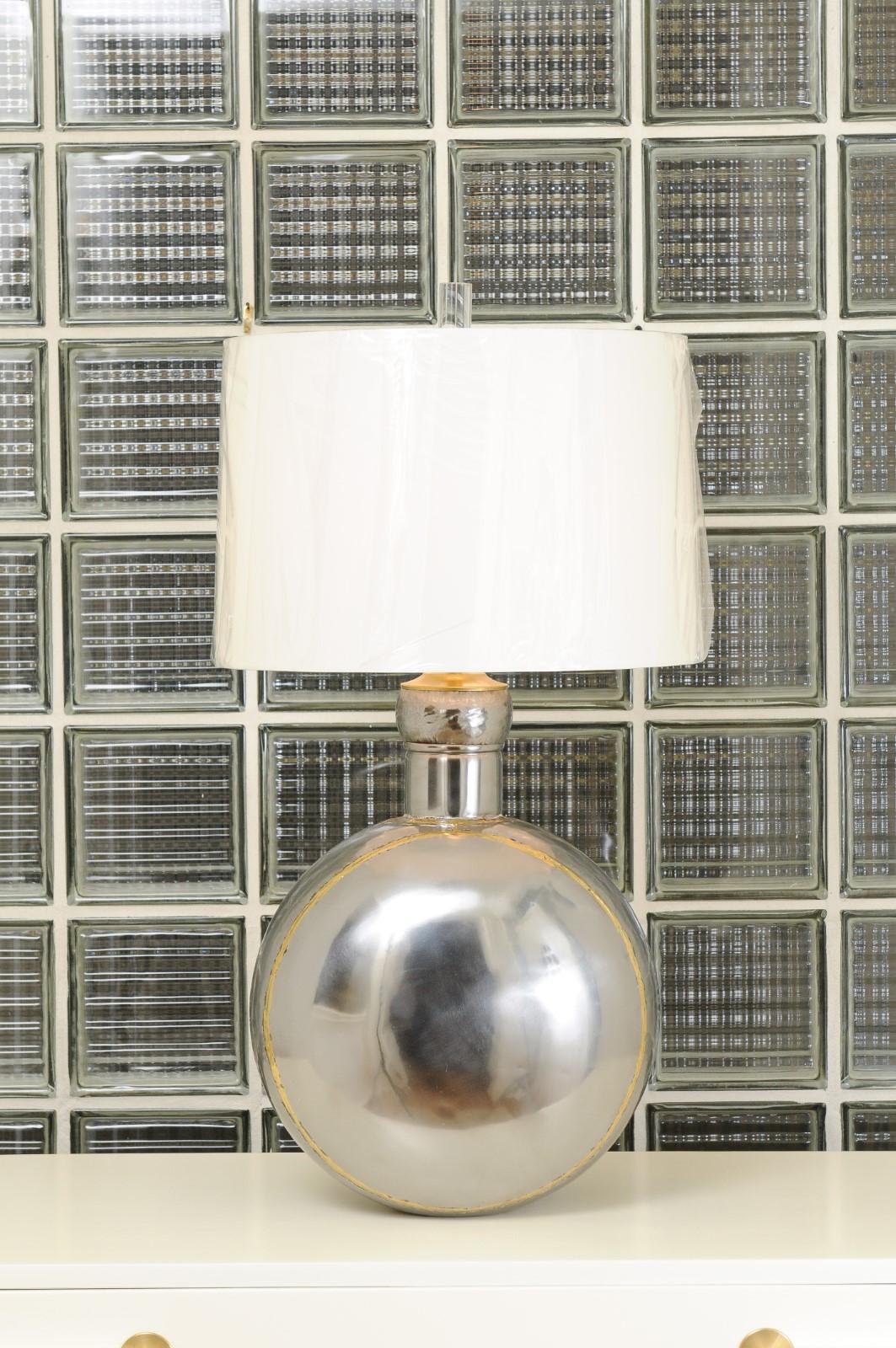 Modern Sterling Pair of Steel and Brass Brutalist Medallion Vessels as Custom Lamps For Sale