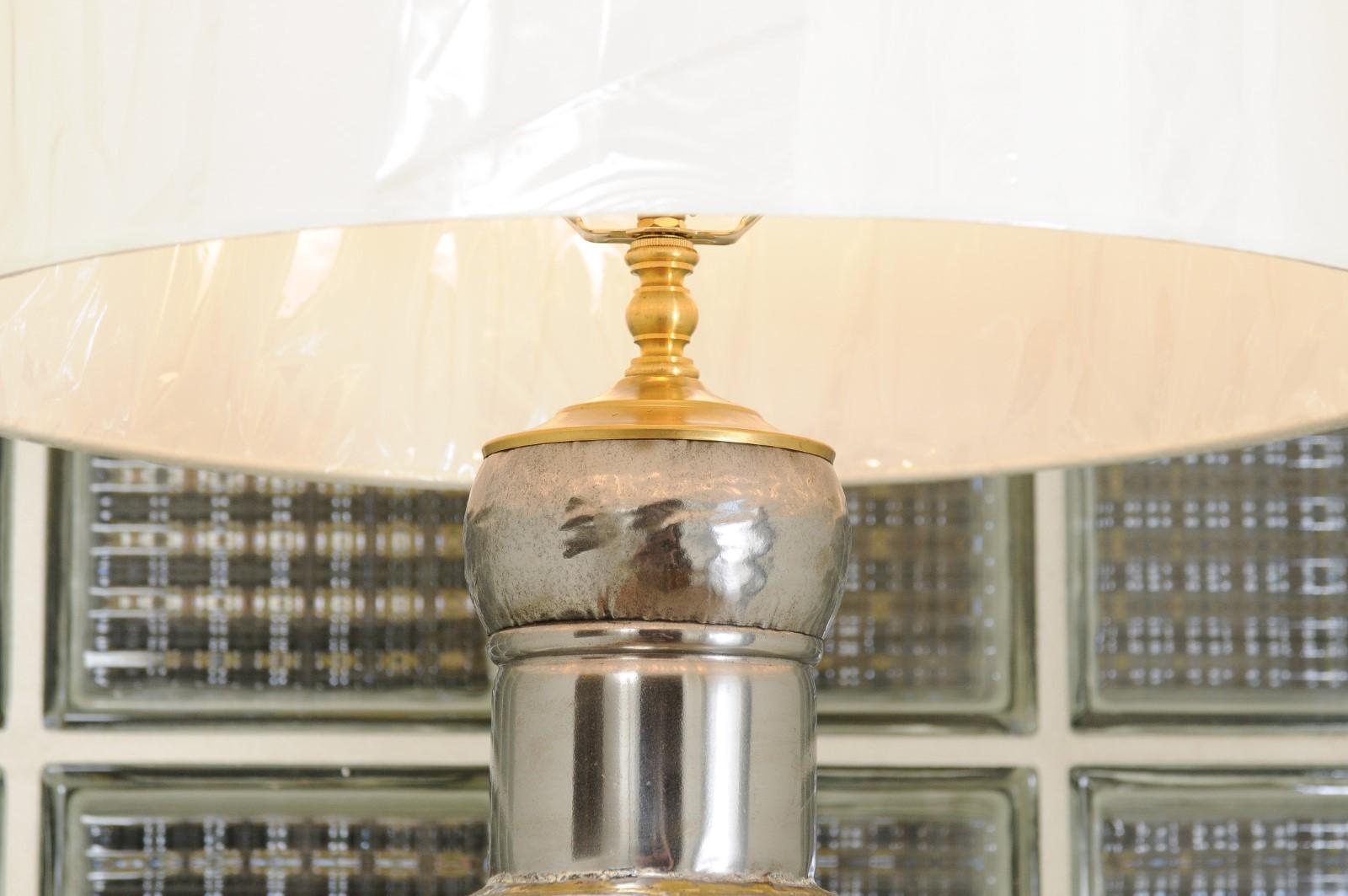 Late 20th Century Sterling Pair of Steel and Brass Brutalist Medallion Vessels as Custom Lamps For Sale