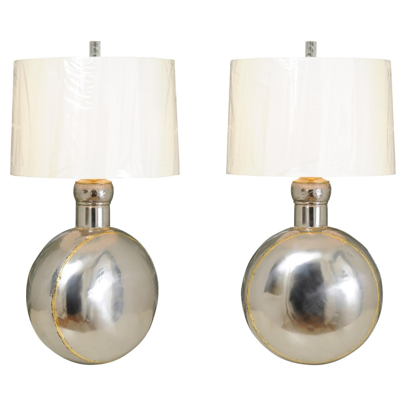 Sterling Pair of Steel and Brass Brutalist Medallion Vessels as Custom Lamps For Sale