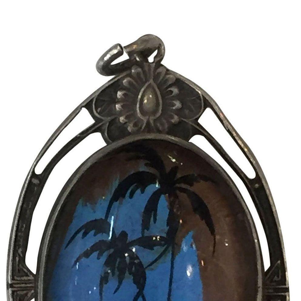 Art Nouveau Sterling Pendant with Hand Painted Landscape on a Butterfly Wing For Sale