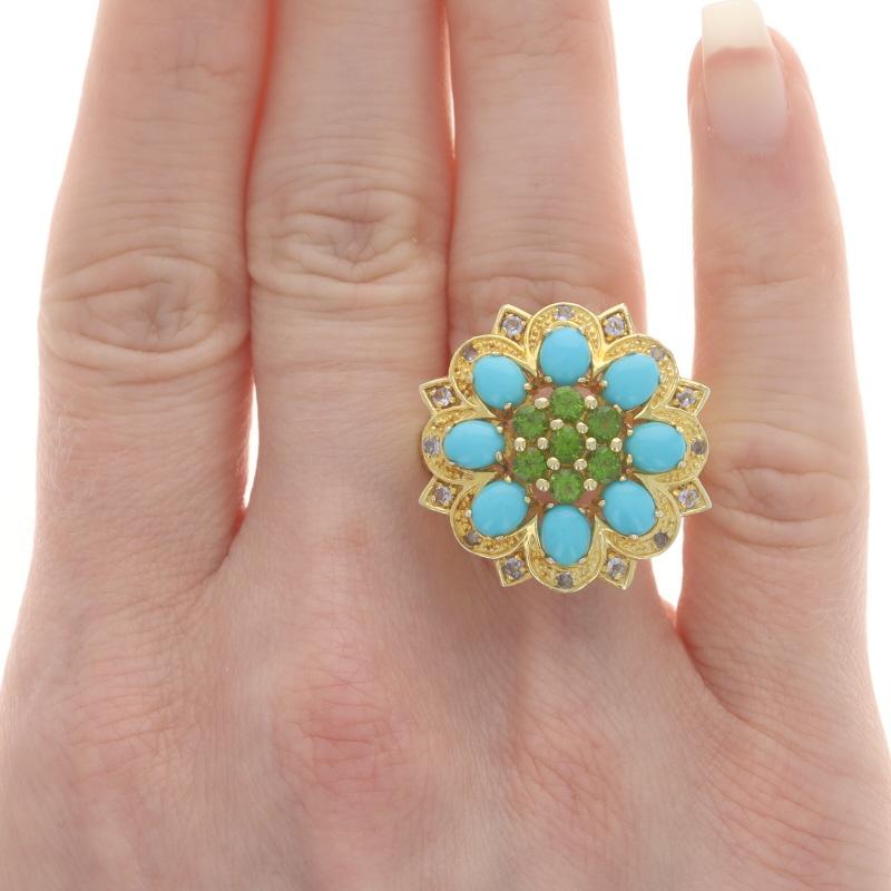 Round Cut Sterling Peridot Turquoise Tanzanite Cocktail Ring 925 Gold Plated 1.32ctw Sz 10