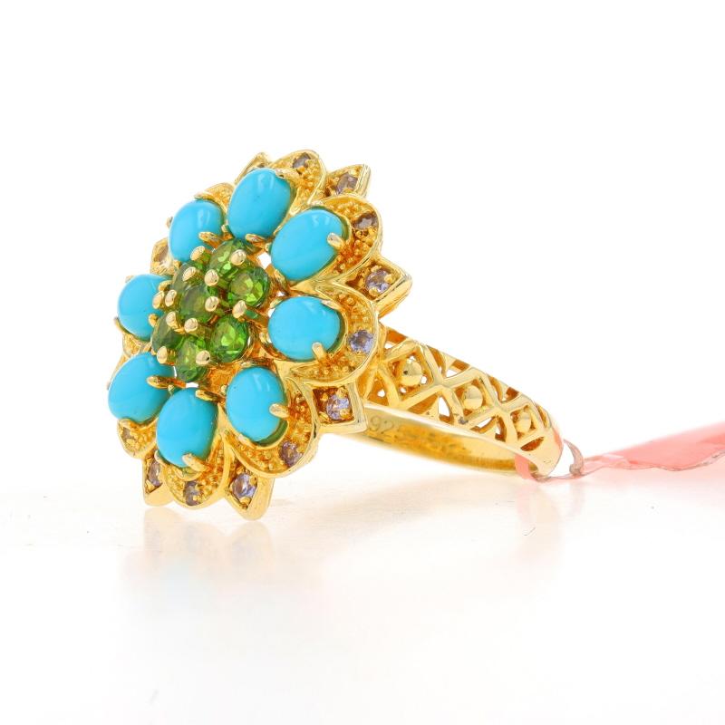 Sterling Peridot Turquoise Tanzanite Cocktail Ring 925 Gold Plated 1.32ctw Sz 10 In New Condition In Greensboro, NC
