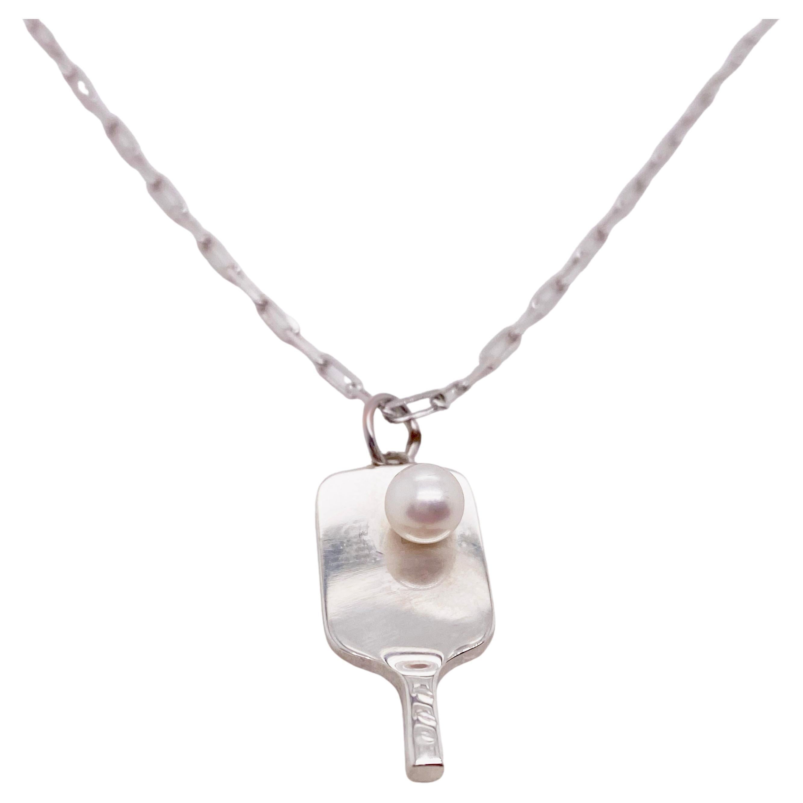 Pickleball Paddle Necklace with Akoya Pearl in Sterling Silver w Paperclip Chain