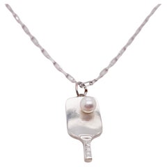 Pickleball Paddle Necklace with Akoya Pearl in Sterling Silver w Paperclip Chain