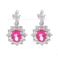 Sterling Pink & White Topaz Halo Dangle Earrings - 925 Oval 7.10ctw Flowers