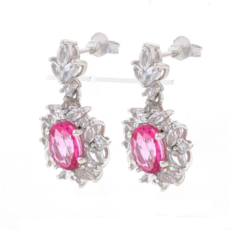 Oval Cut Sterling Pink & White Topaz Halo Dangle Earrings - 925 Oval 7.10ctw Flowers For Sale
