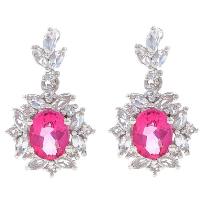 Sterling Pink & White Topaz Halo Dangle Earrings - 925 Oval 7.10ctw Flowers