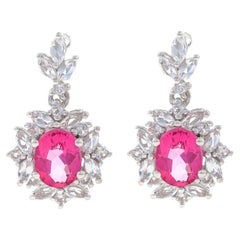 Sterling Pink & White Topaz Halo Dangle Earrings - 925 Oval 7.10ctw Flowers