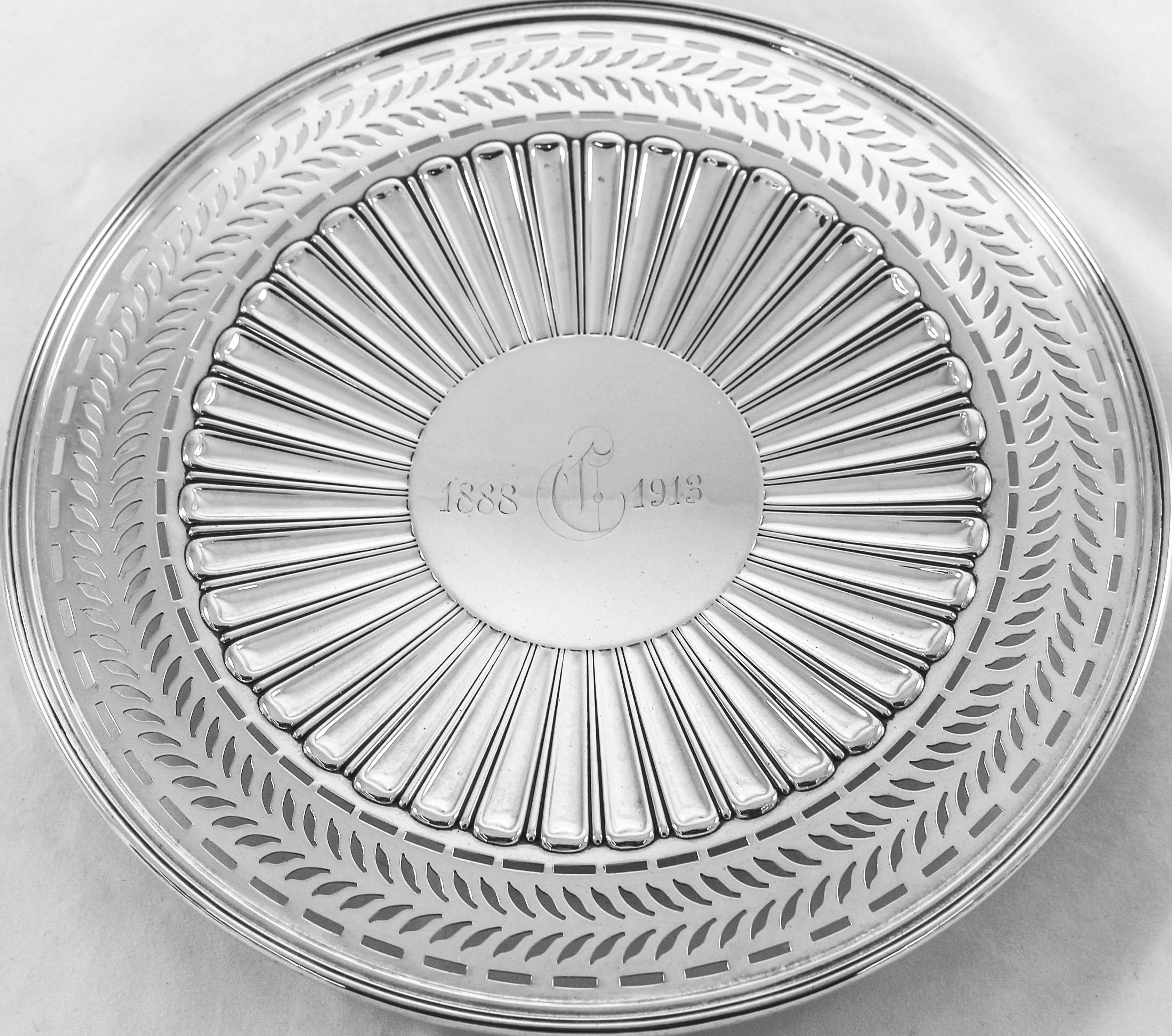 This lovely sterling plate dates back to the early 1900s, that’s right at least 105 years ago!! It was given as a 25th wedding anniversary gift and is hand engraved with the dates (1888-1913) and the initial of the family name C — in Old English