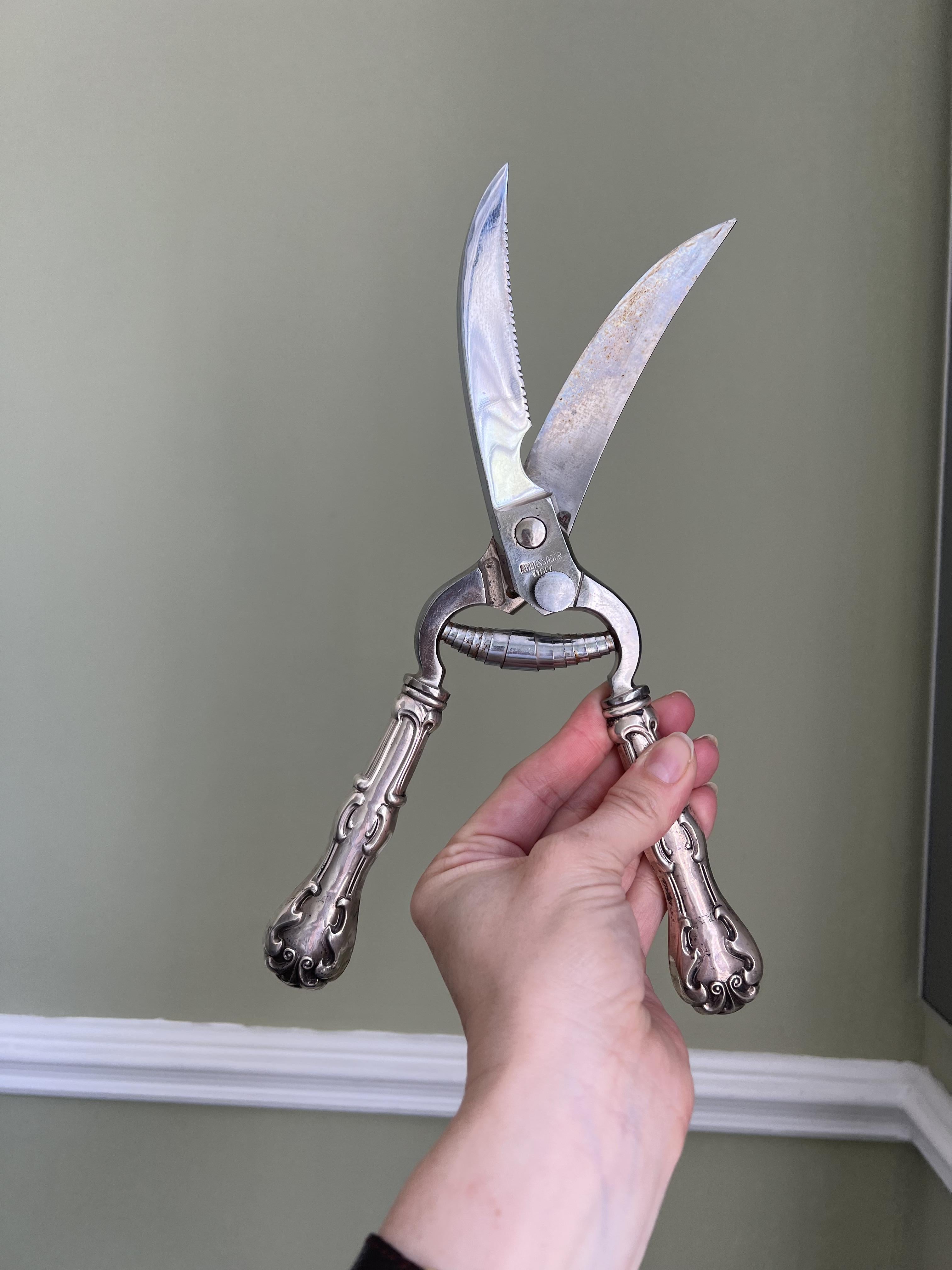 Sterling Poultry Sheers Stainless Blade Silver Handles Ambassador Italy In Good Condition In Brooklyn, NY