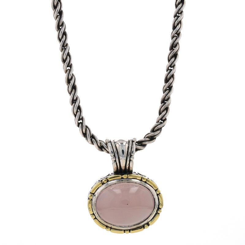 Metal Content: Sterling Silver & 18k Yellow Gold

Stone Information

Natural Quartz
Cut: Oval Cabochon
Color: Light Pink

Style: Solitaire Enhancer
Chain Style: Fancy Twist
Necklace Style: Chain
Fastening Type: Lobster Claw Clasp
Features: East-West