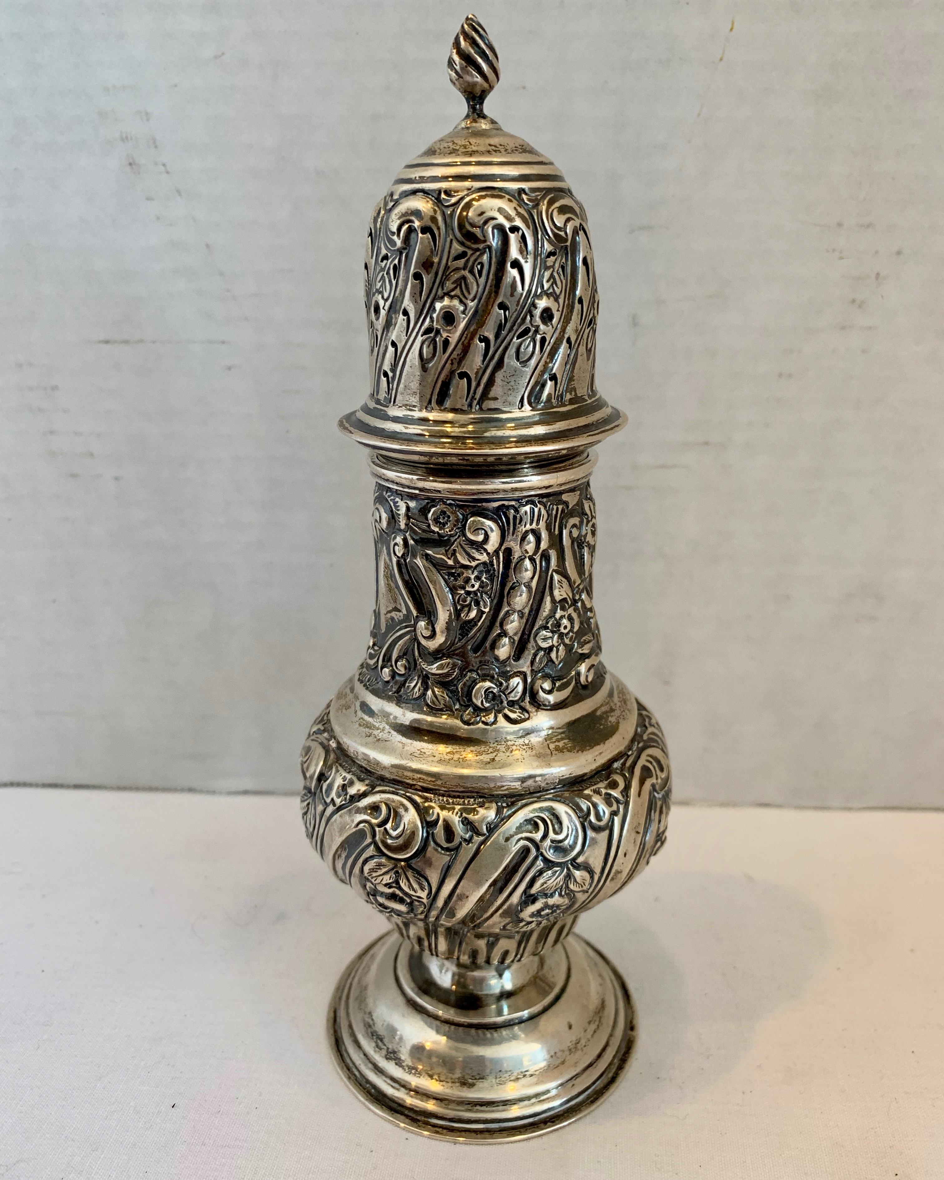 English Sterling Repousse  Powdered Sugar Shaker For Sale
