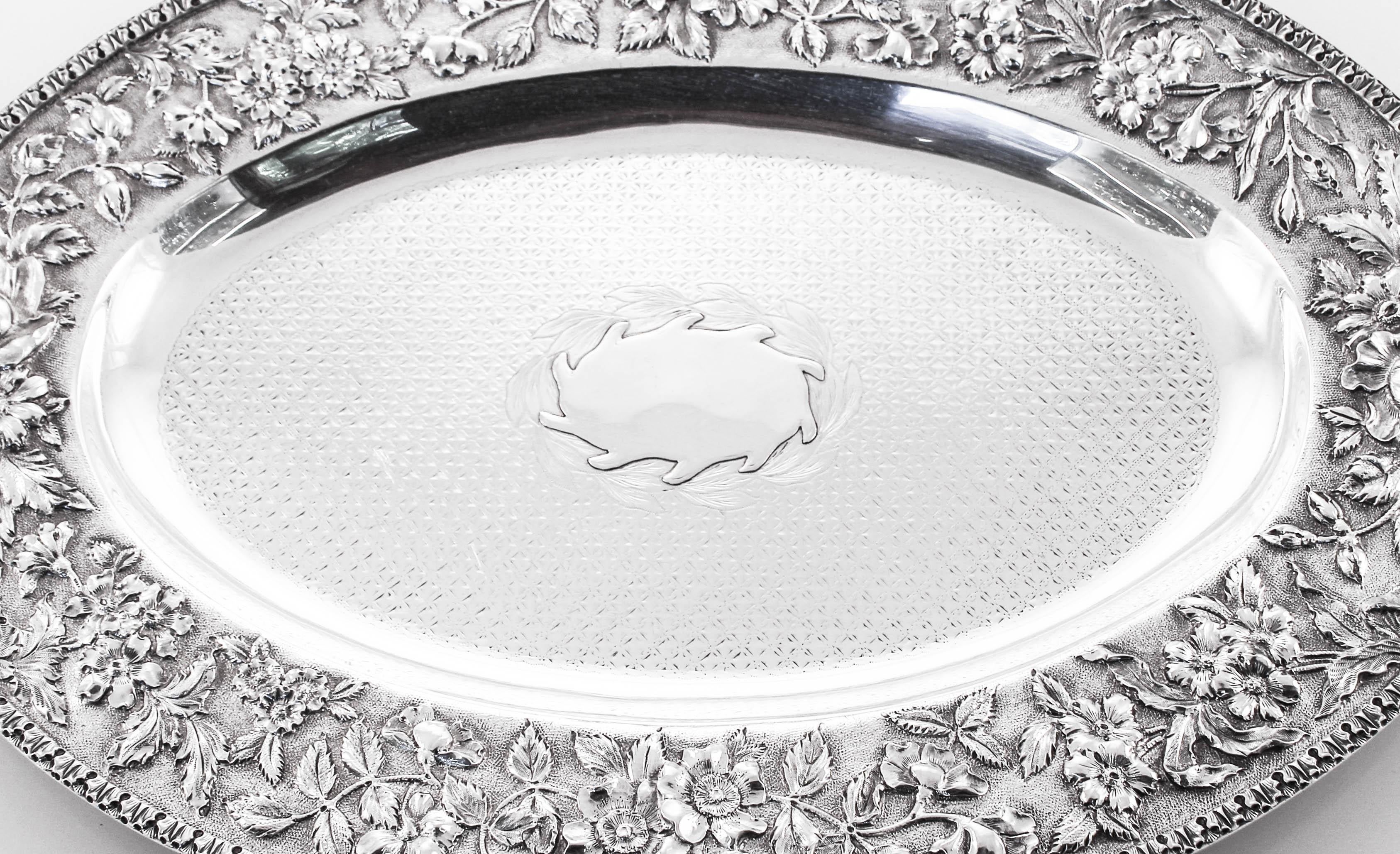 We are proud to offer this antique sterling silver platter by the renowned silver company, S. Kirk and Sons, Maryland. Kirk’s tradition for fine craftsmanship has brought many famous people to its shop. It is not surprising that when the White House