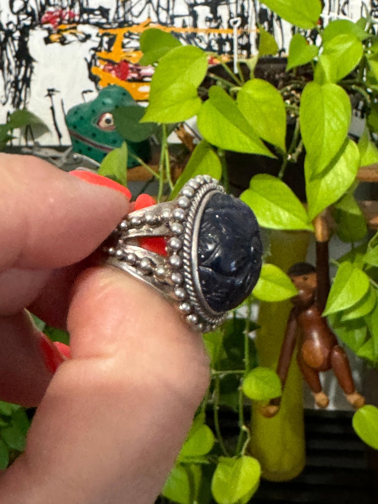 Stephen Dweck ブラックアゲート フラワーリング Sterling Ring Stephen DWECK carved Blue Goldstone Flower New