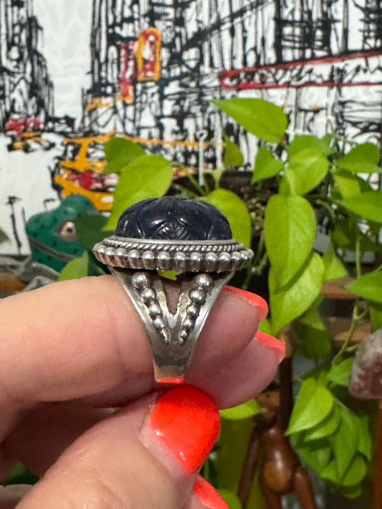 Sterling Ring Stephen DWECK carved Blue Goldstone Flower New