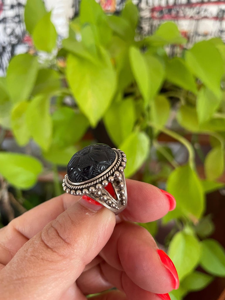 Sterling Ring Stephen DWECK carved Blue Goldstone Flower New