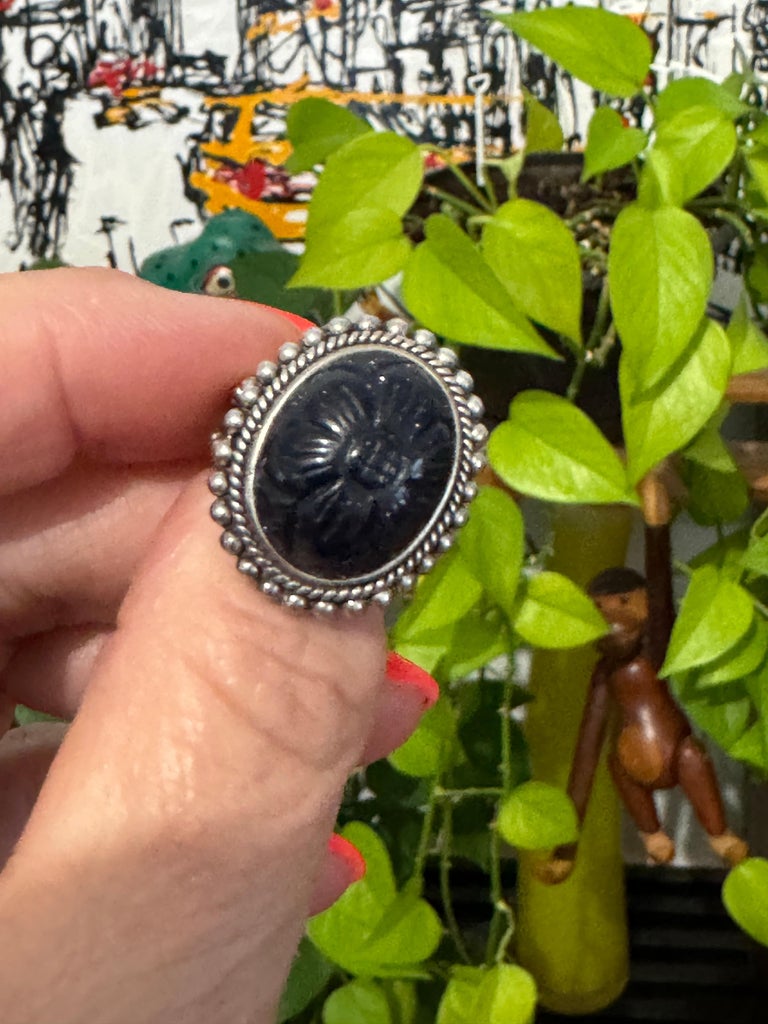 Sterling Ring Stephen DWECK carved Blue Goldstone Flower New