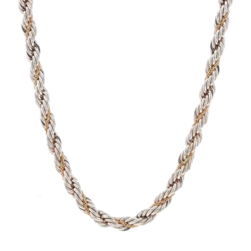 Metal Content: Sterling Silver & 14k Yellow Gold

Chain Style: Rope & Prince of Wales
Necklace Style: Fancy Twist Chain
Fastening Type: Lobster Claw Clasp

Measurements

Length: 18
