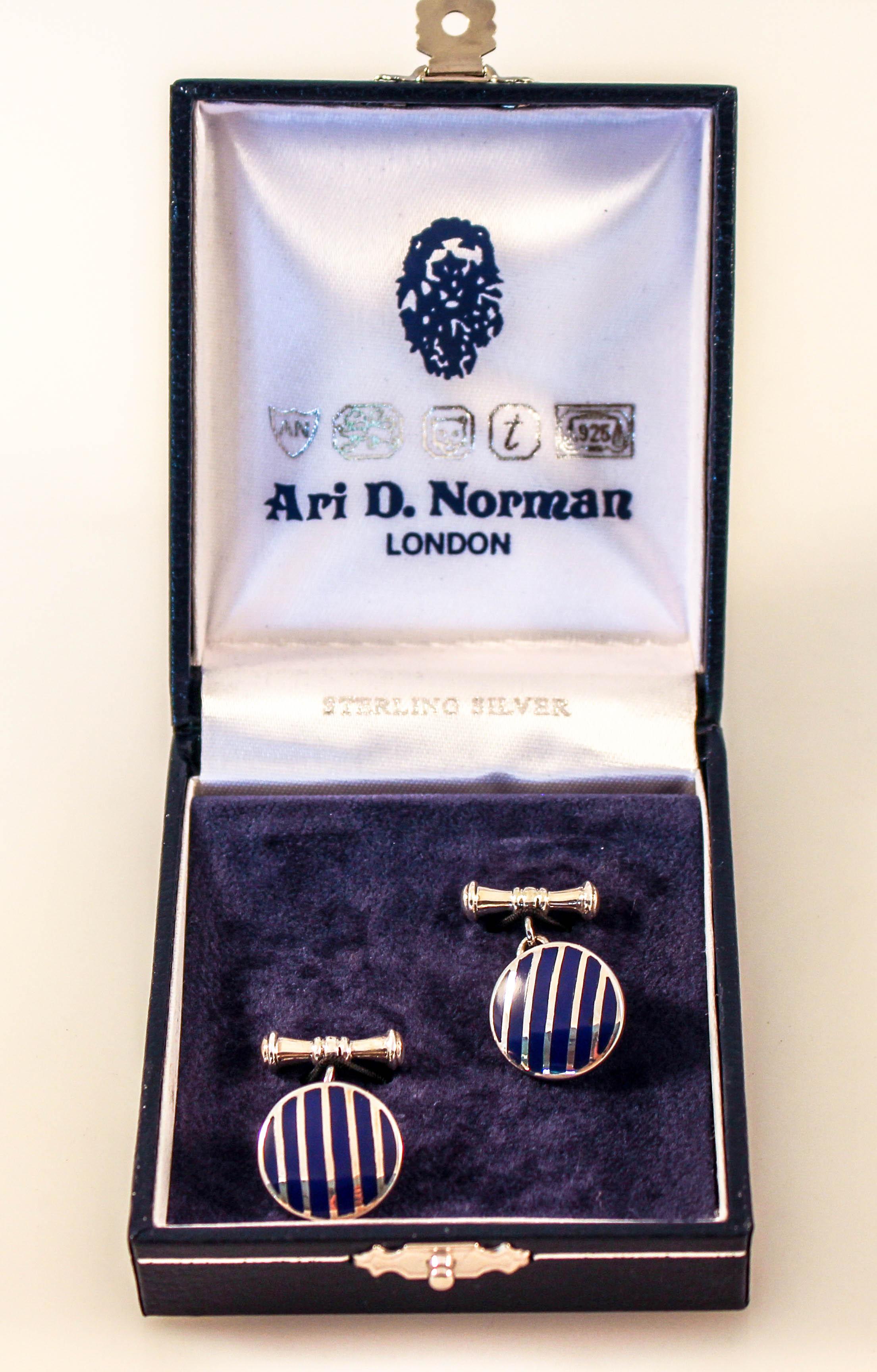 English Sterling Round Blue Striped Cufflinks For Sale