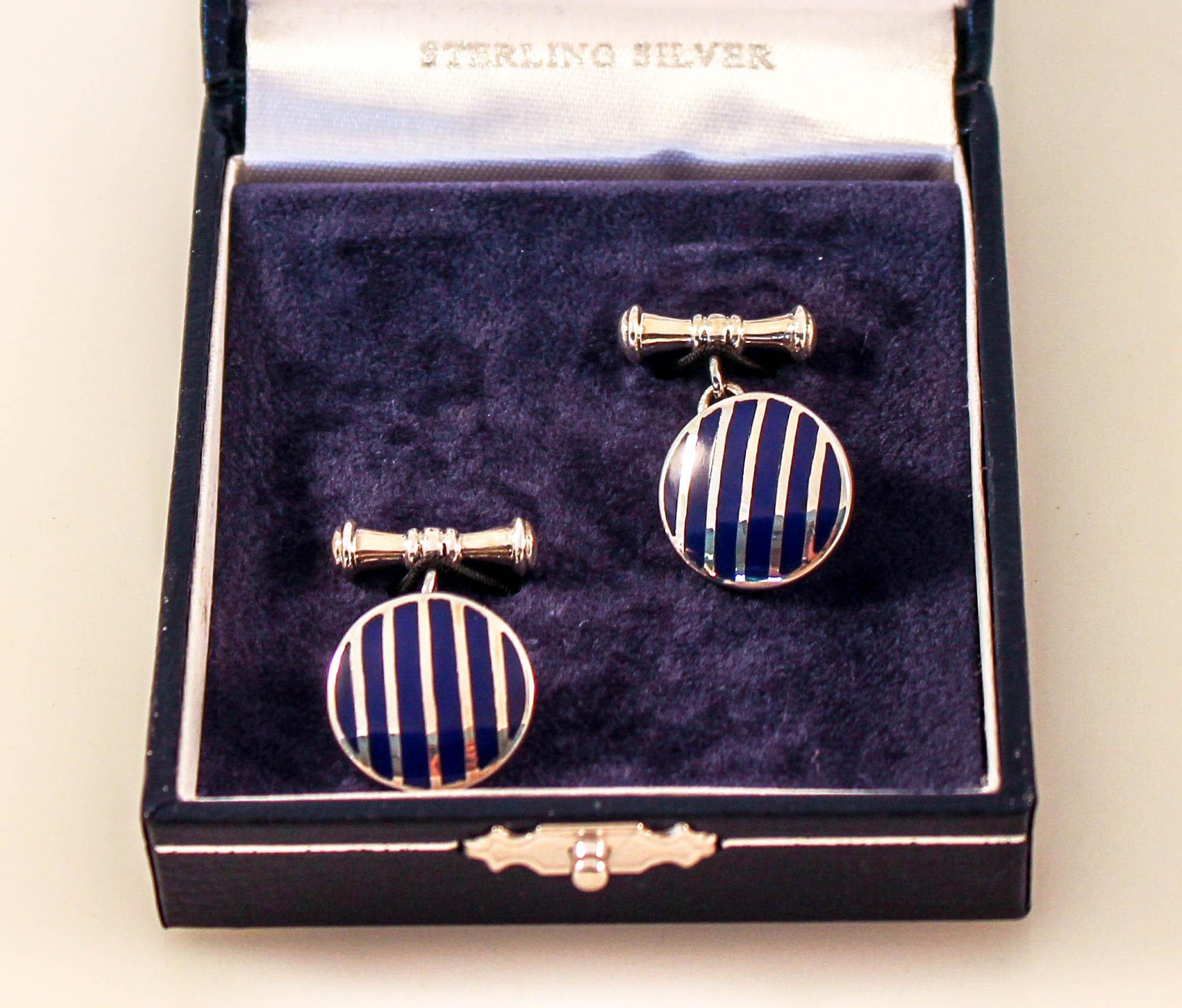 Sterling Round Blue Striped Cufflinks In New Condition For Sale In Brooklyn, NY