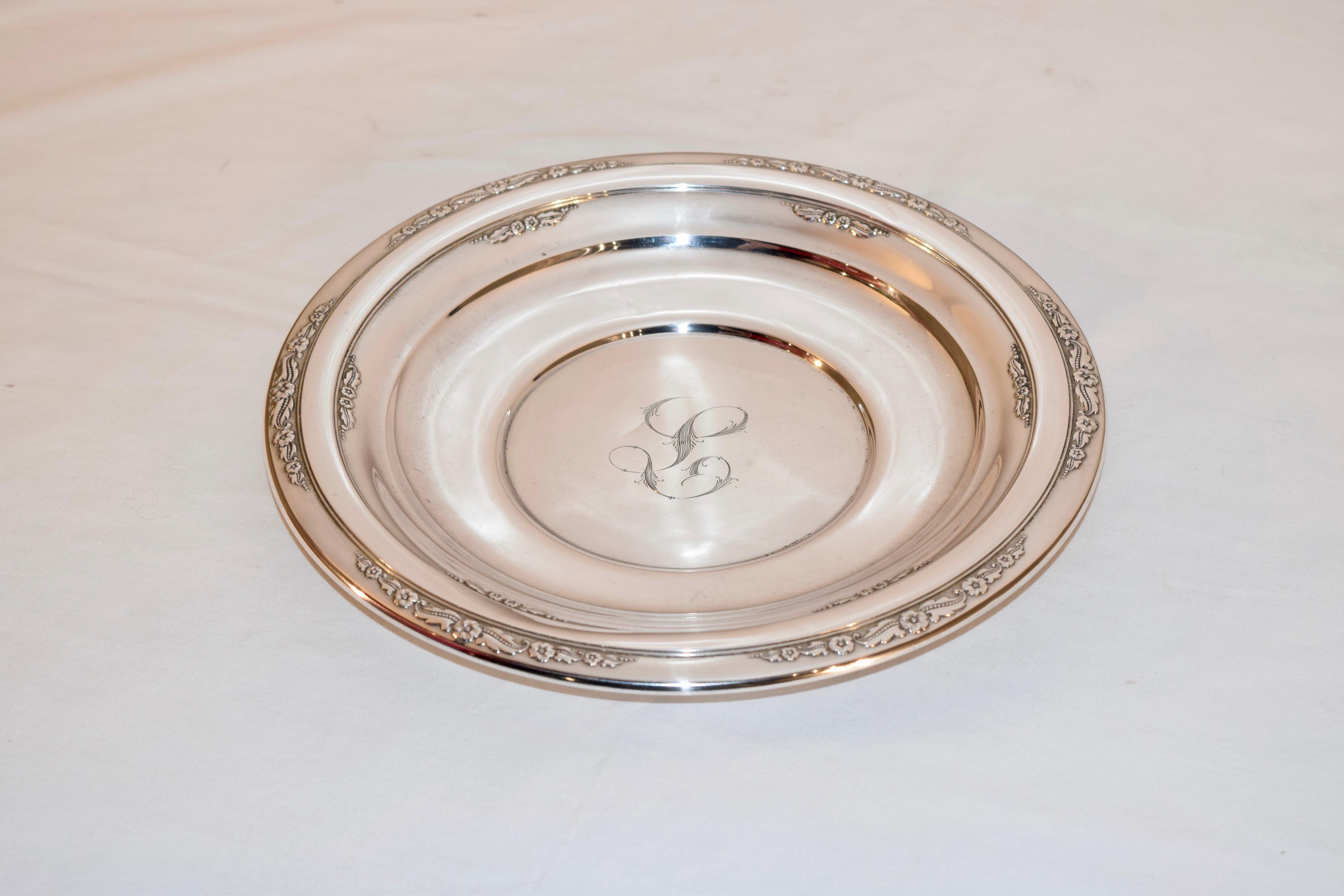 Sterling sandwich plate by International Silver, in the Courtship pattern, circa 1936. Engraved letter L in the center. Model number H280 and stamped on the back.