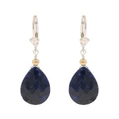 Sterling Sapphire Dangle Earrings - 925 Gold 14k Pear Cabochon 6.30ctw Pierced