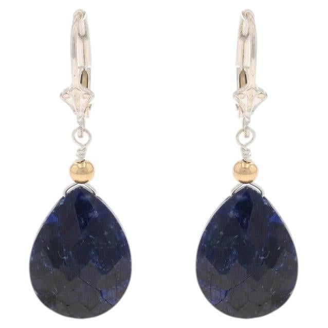 Boucles d'oreilles pendantes en saphir - Or 925 14k Cabochon poire 6.30ctw Pierced en vente
