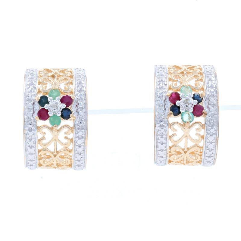 Round Cut Sterling Sapphire Ruby Emerald Half-Hoop Earrings 925 Gold Pltd Rnd.56ctw Floral For Sale