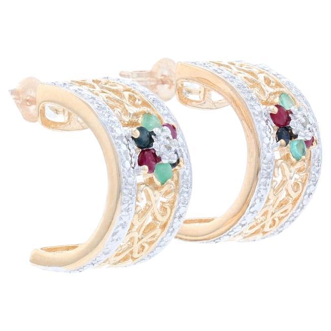 Sterling Sapphire Ruby Emerald Half-Hoop Earrings 925 Gold Pltd Rnd.56ctw Floral For Sale
